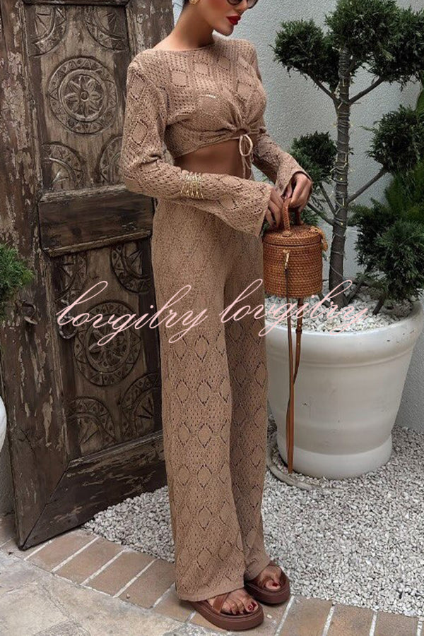 Solid Color Hollow Short Long-sleeved Top and Casual Stretch Wide-leg Pants Knitted Set