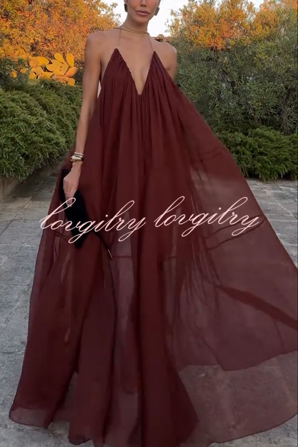Flowing Lightweight Chiffon Chain Halter Neck Detail Backless A-line Maxi Dress