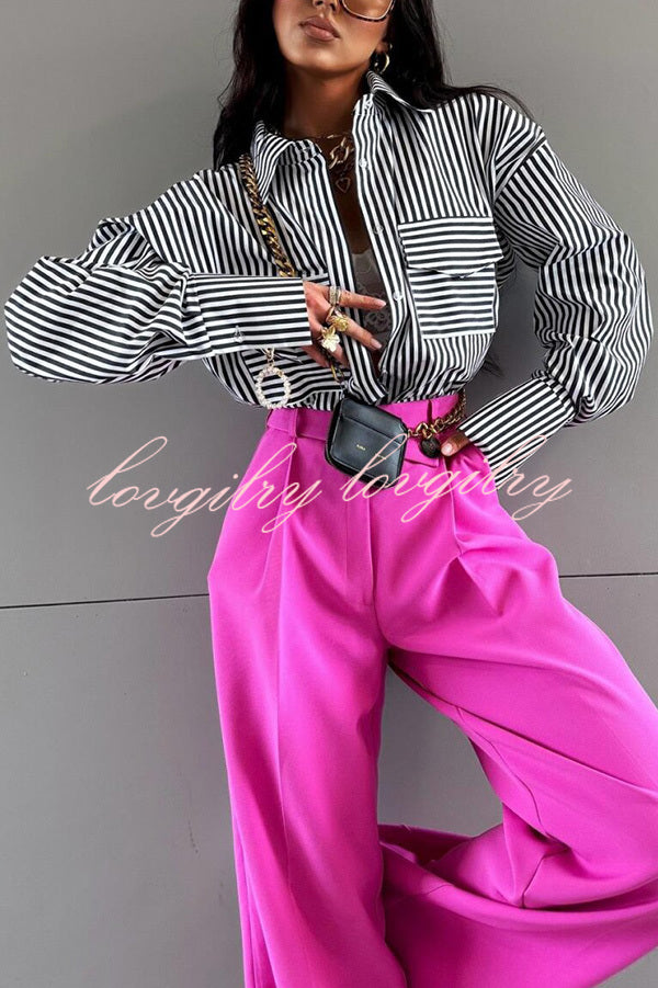 Stripe Print Lapel Long Sleeve Pocket Casual Shirt