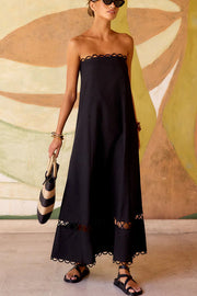 Gina Linen Blend Scallop Cutout Trim Strapless A-line Midi Dress