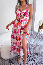 Plant Print Halter Neck Hollow Holiday Beach Midi Dress