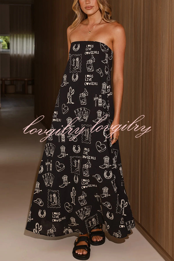 Unique Print Strapless Open Back Full Hem Maxi Dress