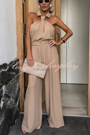 Fashionable Unique Look Halter Shirt Collar Wide Leg Jumpsuit