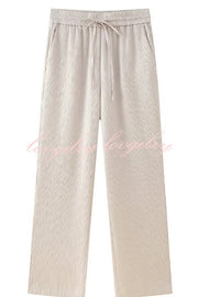 Fashionable Pleated Elastic Waist Tie Casual Pocket Wide-leg Pants