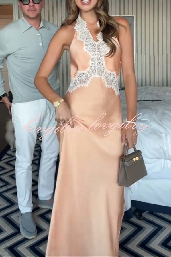 Anniversary Sweet Satin Lace Trim Halter Backless Maxi Dress