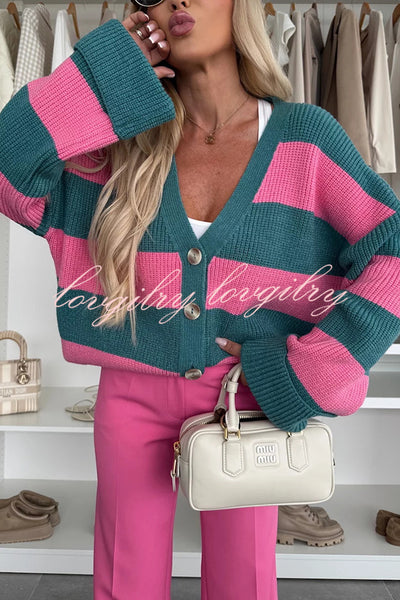 Fashion Contrast Striped Casual V-neck Long-sleeved Knitted Cardigan