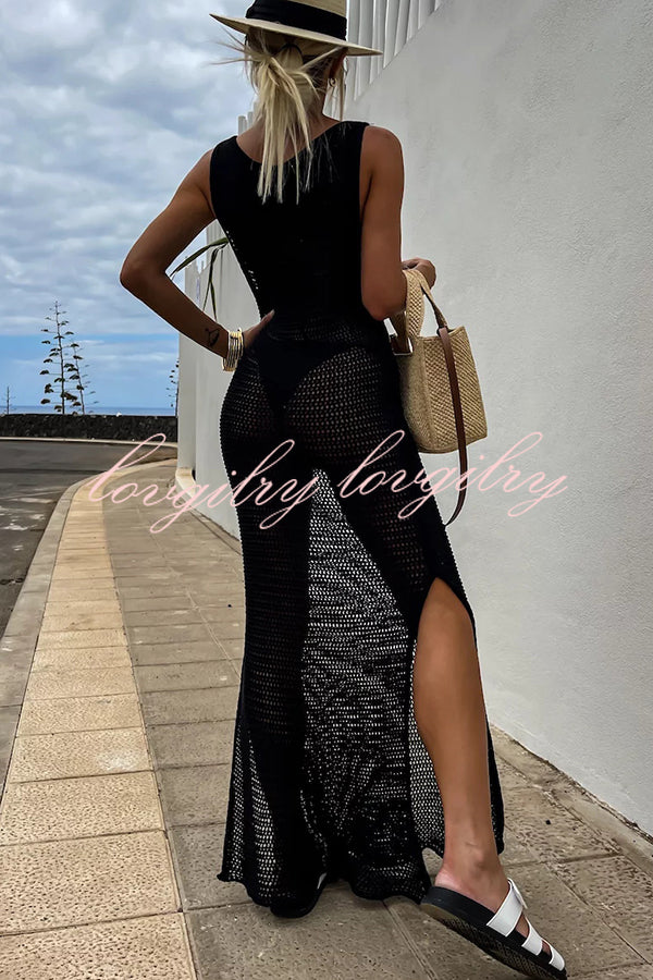 Solid Color Knitted Cutout Slit Slim Fit Maxi Dress