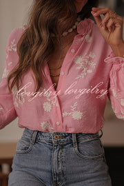 Floral Embroidery Long-Sleeved Button-Up Elegant Shirt