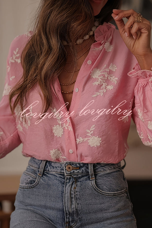 Floral Embroidery Long-Sleeved Button-Up Elegant Shirt