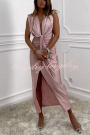 Classic and Sexy Dates V-neck Ruched Drape Slit Midi Dress