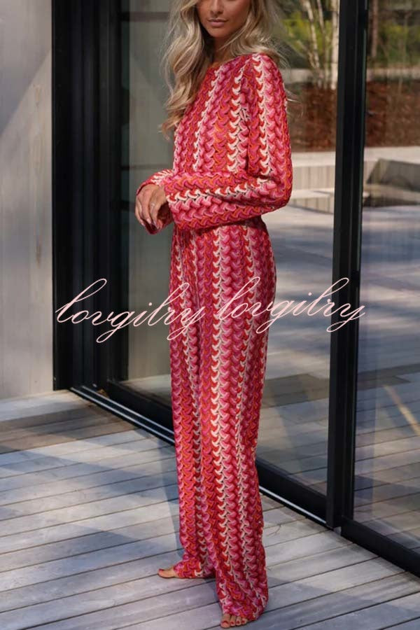 Tamia Knit Colorful Wave Unique Print Crop Top and Stretch Wide Leg Pants Set
