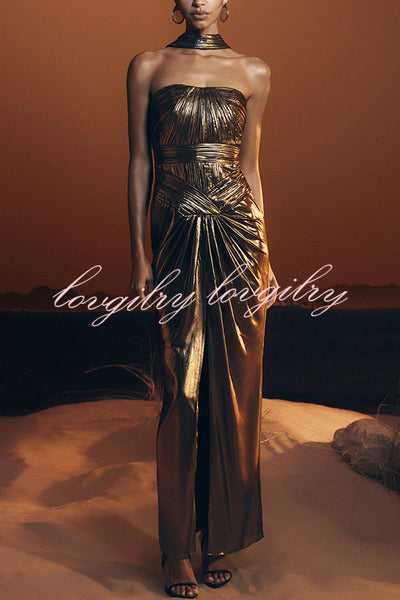 Clemence Plisse Metallic Fabric Reverse Halter Beck Strap Drape Slit Maxi Dress