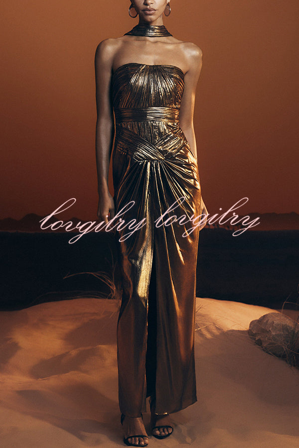 Clemence Plisse Metallic Fabric Reverse Halter Beck Strap Drape Slit Maxi Dress