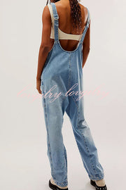 Pocket V Neck Suspender Denim Jumpsuit