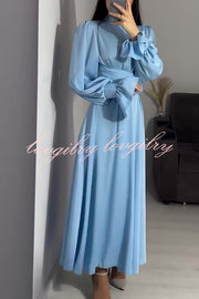 Solid Color Ruffled Sleeves Waisted Tie Slim Fit Maxi Dress