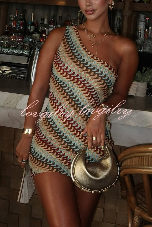 Playful Colorful Knitted Slim-fitting Offset Neck Stretch Mini Dress