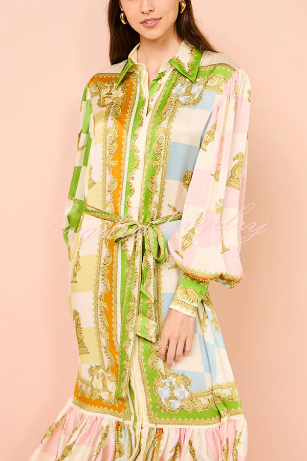 Garden Party Satin Unique Print Balloon Sleeve Belted Shirt Maxi Dress