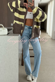 Fashionable Patchwork Striped Casual Pocket Knitted Sweater