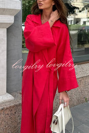 Linen Blend Solid Color Casual Lapel Tie Loose Maxi Dress