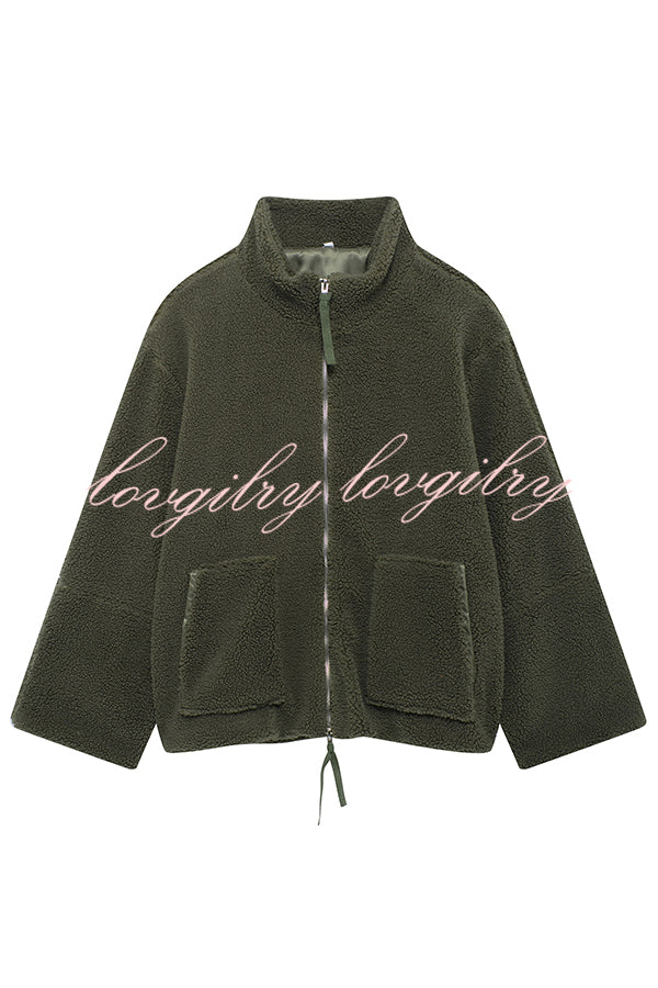 Solid Color Stitching High Collar Long Sleeve Loose Pocket Woolen Coat