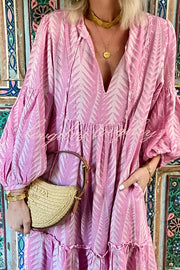 Marrakech Stories Linen Blend Printed Balloon Sleeve Pocketed A-line Midi Dress