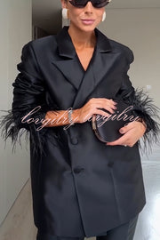 Chic Affair Satin Feather Trim Lapel Loose Blazer and High Rise Pocket Tapered Pants Set