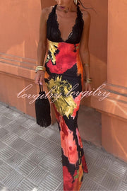 Unique Printed Sexy Lace V-neck Backless Maxi Dress