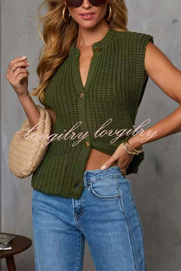 Solid Color Sleeveless Button Pocket Knit Vest