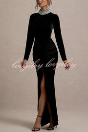 Love Lost Velvet Embellished High Neck Long Sleeve Twist Slit Maxi Dress