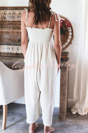 Elegant Solid Color High Waist Linen Blend Suspender Pleated Jumpsuit