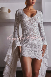 Coachella Time Unique Lace Pattern Oversized Bell Sleeve Stretch Mini Dress