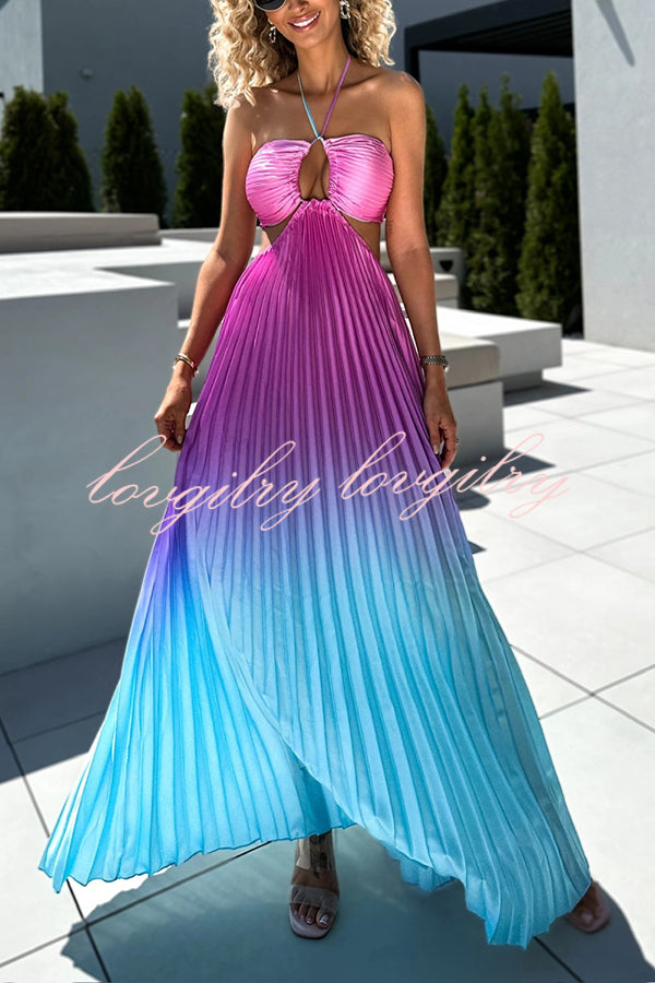 Get Ready Beautiful Gradient Print Cutout Halterneck Pleated Maxi Dress