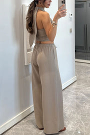 Noellie Cross Halter Neck Smocked Tank and Elastic Waist Pocketed Wide Leg Pants Set