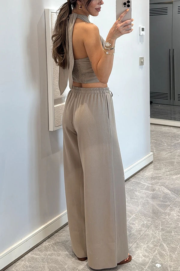 Noellie Cross Halter Neck Smocked Tank and Elastic Waist Pocketed Wide Leg Pants Set
