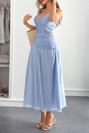 Solid Color V-neck Sleeveless Waist Hollow Out Maxi Dress