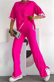 Lounge or Casual Wear Knit Patchwork Color Block Short Sleeve Top and Elastic Wide Leg Pants