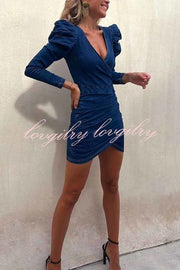 All The Best Denim Puff Sleeve Ruched Stretch Mini Dress