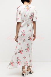 City Life Satin Floral Print Bell Sleeve Fitted Silhouette Maxi Dress