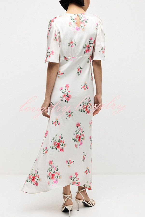 City Life Satin Floral Print Bell Sleeve Fitted Silhouette Maxi Dress