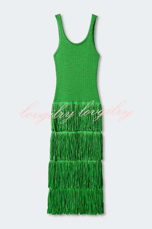 Solid Color Sleeveless Slim Fit Fringed Hem Knitted Midi Dress