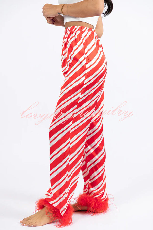 Christmas Party Striped Print Pocket Feather Elastic Waist Pajama Set