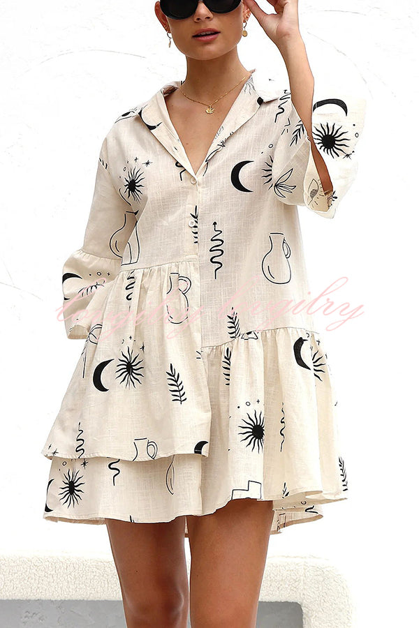 Shelby Unique Print Bell Sleeve Smock Style Tiered Shirt Mini Dress