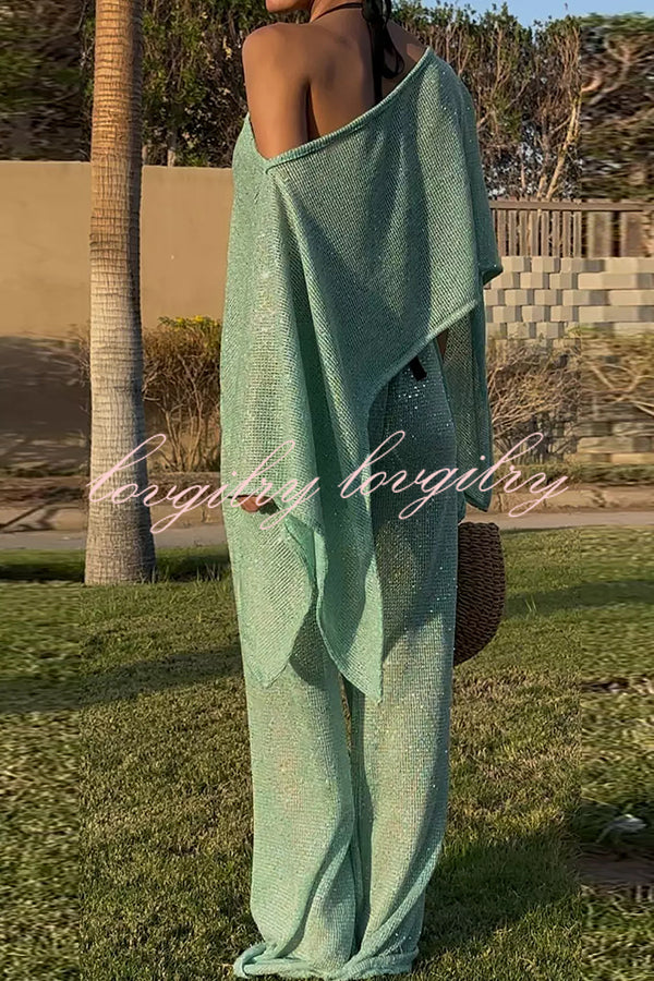 Vacation Knit Shiny Fabric Batwing Sleeve Cape Top and Cover-up Elastic Waist Loose Pants Set
