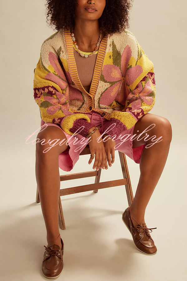 Floral Pattern Loose Long-sleeved Knitted Cardigan