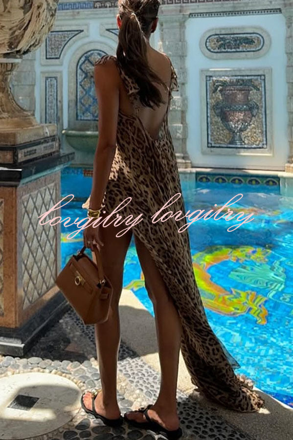 Immerse Vacation Leopard Tie-up Slit Midi Top and Elastic Waist Shorts Set