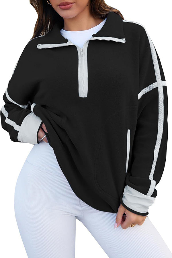 Stylish Color-blocked Trim Loose Casual Pocket Sweatshirt