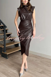 Elouise Faux Leather Turtleneck Shoulder Pads Ruched Slit Midi Dress