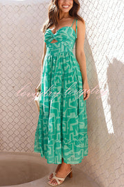 Unique Printed Suspender Tie Back Pleated Midi Dress