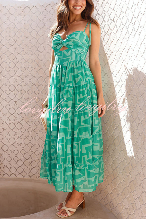 Unique Printed Suspender Tie Back Pleated Midi Dress
