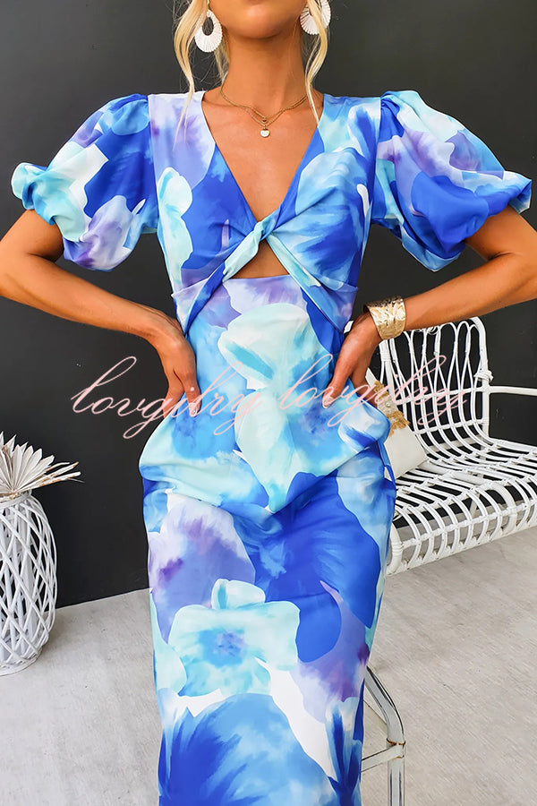 Sophia Floral Print Satin Puff Sleeve Twist Front Cutout Midi Dress